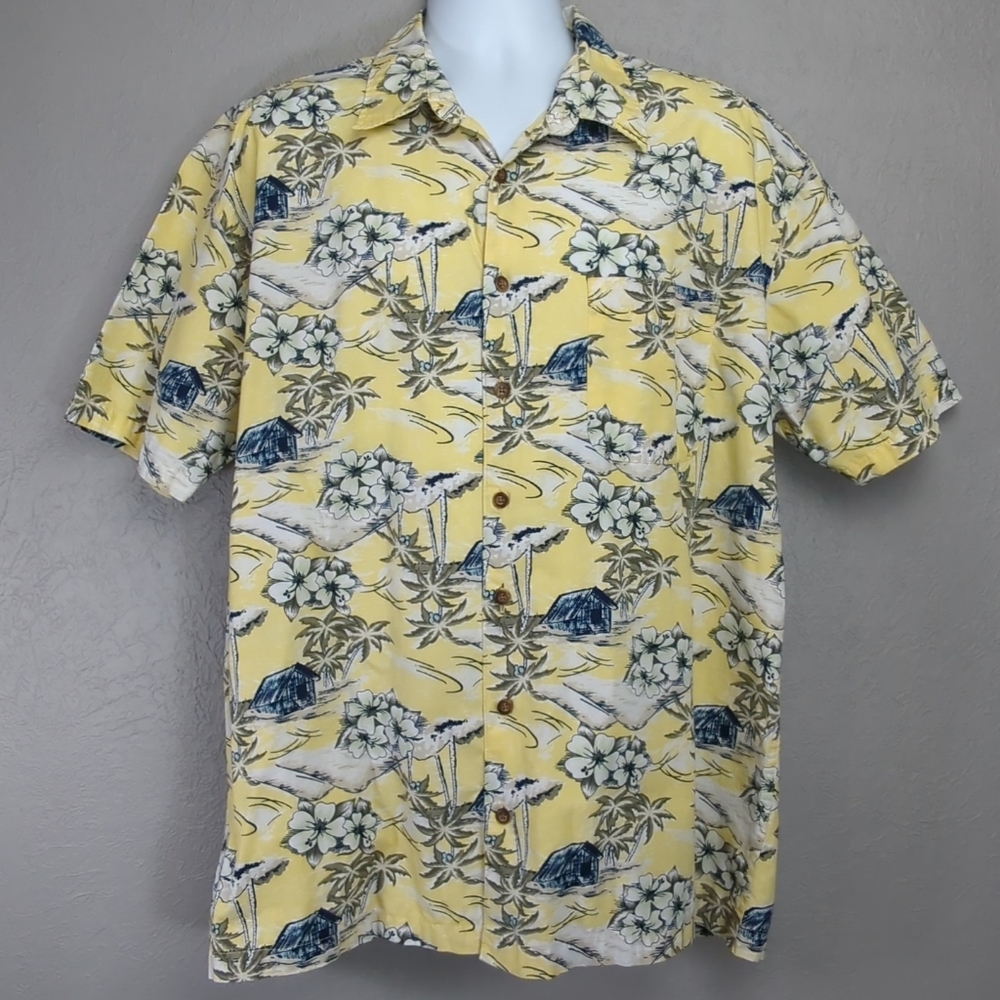 Old Navy Mens XL Yellow Blue Floral Hawaiian Short Sleeve Button Front Shirt